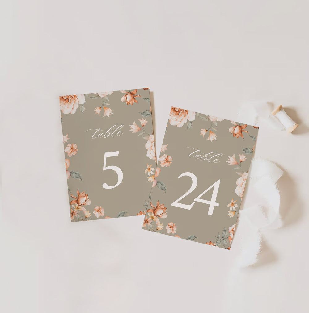 Floral rose table numbers. Wedding, engagement, bridal shower, baby shower signage. In the shades of green, peach & beige. Wedding & event stationery. Personalize & customize in Canva. Digital Download. Print around the world at a local print shop.