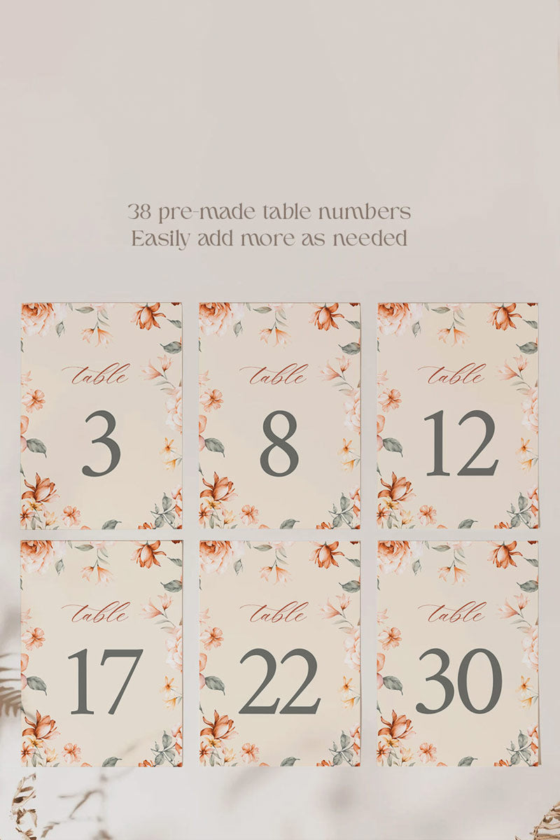Floral Wedding Table Numbers. Event Table Numbers. Shades of Cream, Green, orange and beige. Orange roses. Baby Shower. Indian Wedding. Birthday and Celebration. Engagement Stationery. Wedding Stationery. DIY Stationery. Digital Download. Canva. Indian Weddings. Reception. Personalize. Customize. Anand Karaj, Mehndi, Sangeet, Haldi