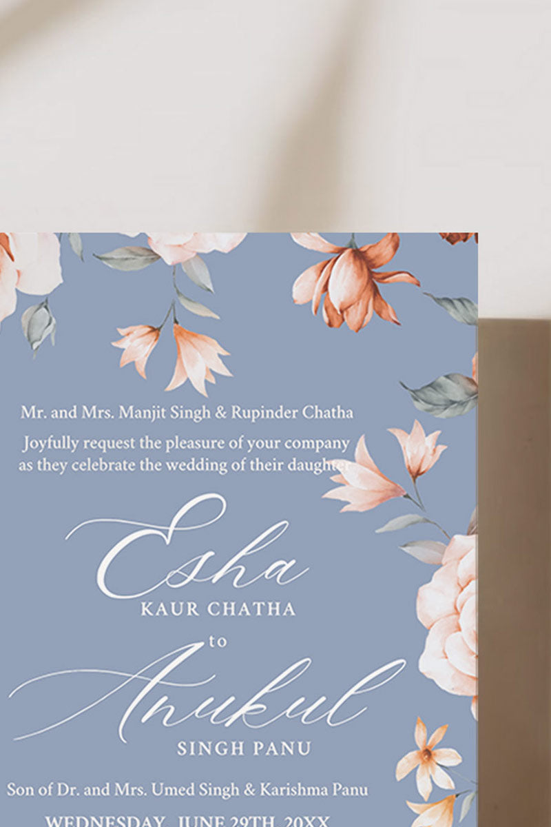 Floral Wedding Menu. Event Food Menu. Shades of Blue, orange and beige. Orange roses. Baby Shower. Indian Wedding. Birthday and Celebration. Engagement Stationery. Wedding Stationery. DIY Stationery. Digital Download. Canva. Indian Weddings. Reception. Personalize. Customize. Anand Karaj, Mehndi, Sangeet, Haldi