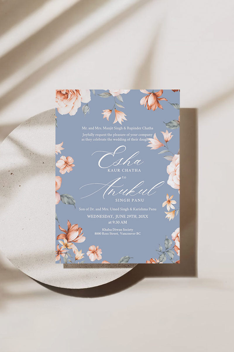 Floral Wedding Menu. Event Food Menu. Shades of Blue, orange and beige. Orange roses. Baby Shower. Indian Wedding. Birthday and Celebration. Engagement Stationery. Wedding Stationery. DIY Stationery. Digital Download. Canva. Indian Weddings. Reception. Personalize. Customize. Anand Karaj, Mehndi, Sangeet, Haldi