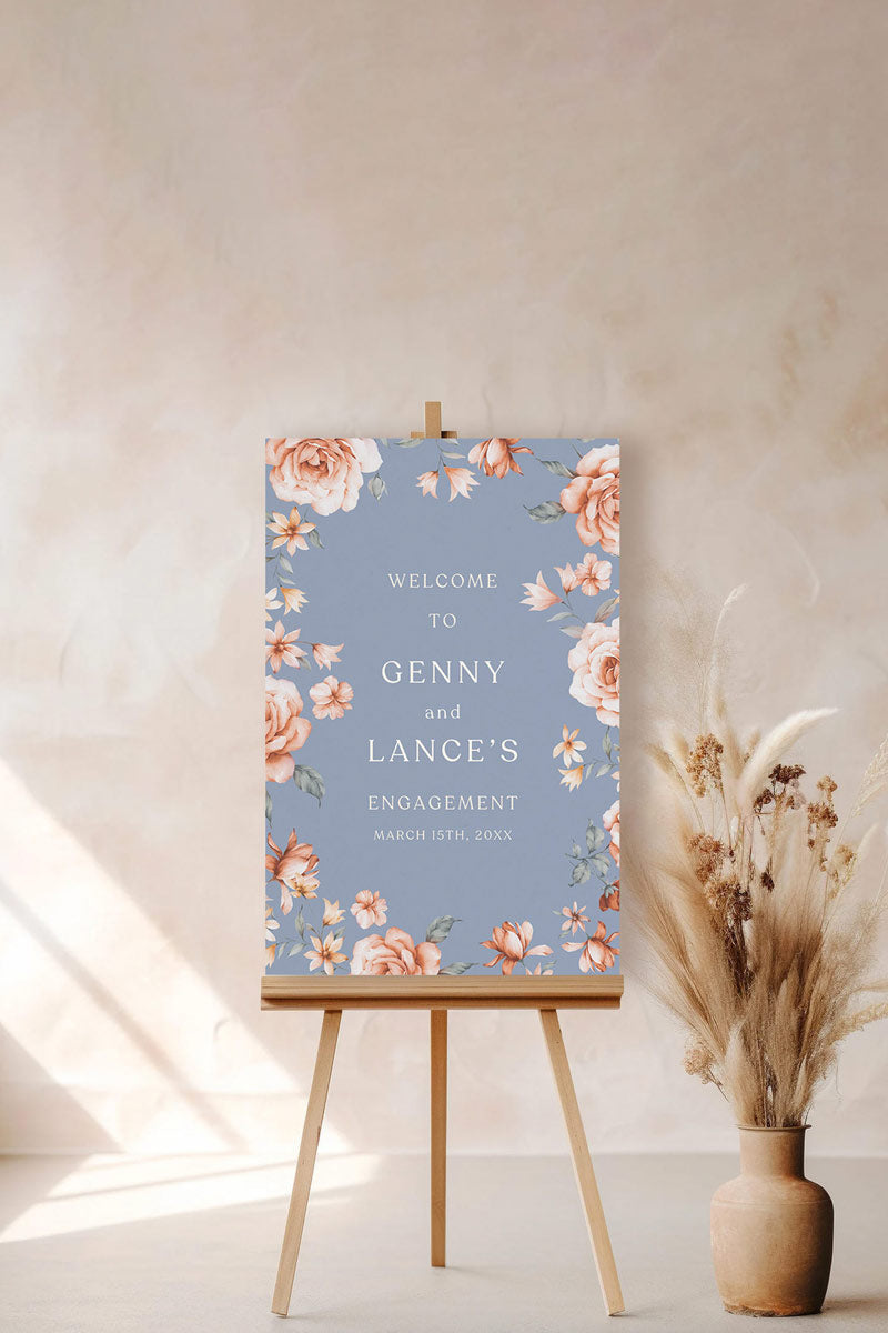 Floral Wedding Welcome Sign. Event Welcome Sign. Shades of Blue, orange and beige. Orange roses. Baby Shower. Indian Wedding. Birthday and Celebration. Engagement Stationery. Wedding Stationery. DIY Stationery. Digital Download. Canva. Indian Weddings. Reception. Personalize. Customize. Anand Karaj, Mehndi, Sangeet, Haldi