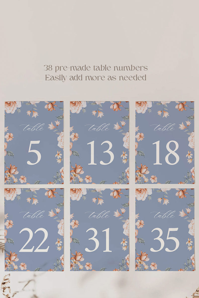Floral Wedding Table Numbers. Event Table Numbers. Shades of Blue, orange and beige. Orange roses. Baby Shower. Indian Wedding. Birthday and Celebration. Engagement Stationery. Wedding Stationery. DIY Stationery. Digital Download. Canva. Indian Weddings. Reception. Personalize. Customize. Anand Karaj, Mehndi, Sangeet, Haldi