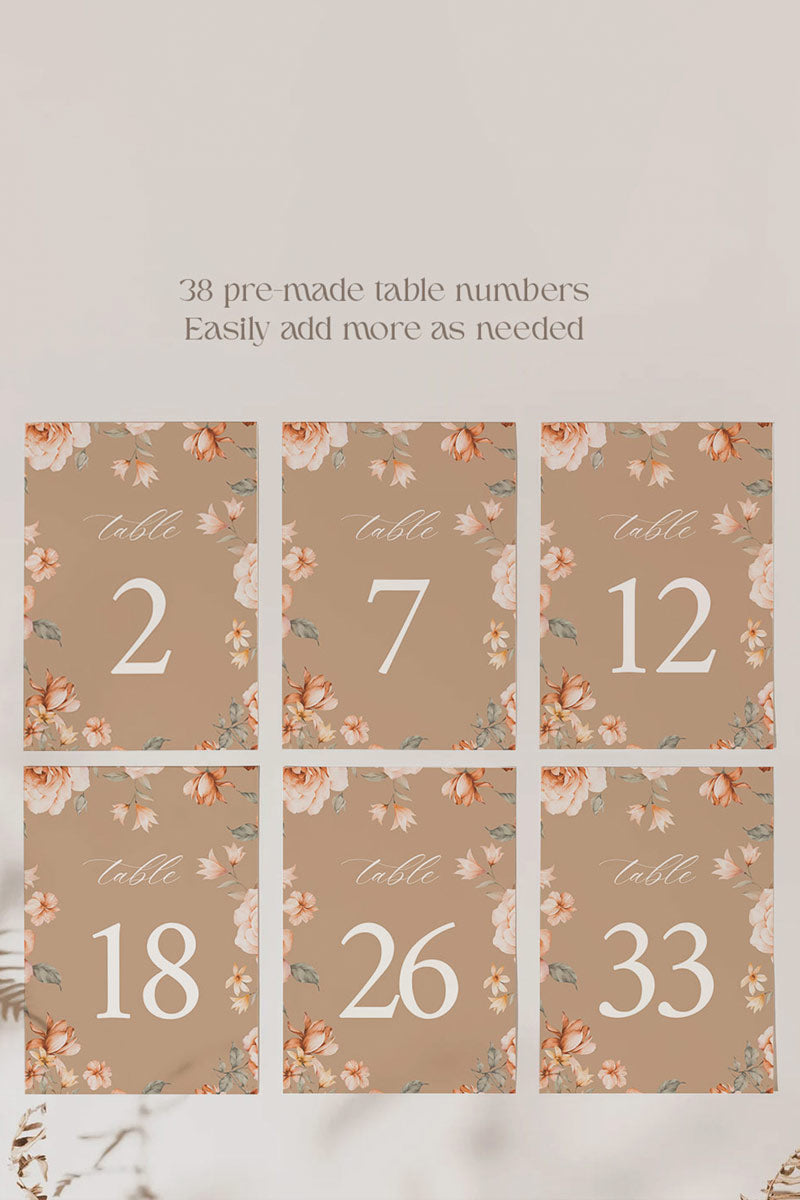 Floral Wedding Table Numbers. Event Table Numbers. Shades of Brown, orange and beige. Orange roses. Baby Shower. Indian Wedding. Birthday and Celebration. Engagement Stationery. Wedding Stationery. DIY Stationery. Digital Download. Canva. Indian Weddings. Reception. Personalize. Customize. Anand Karaj, Mehndi, Sangeet, Haldi
