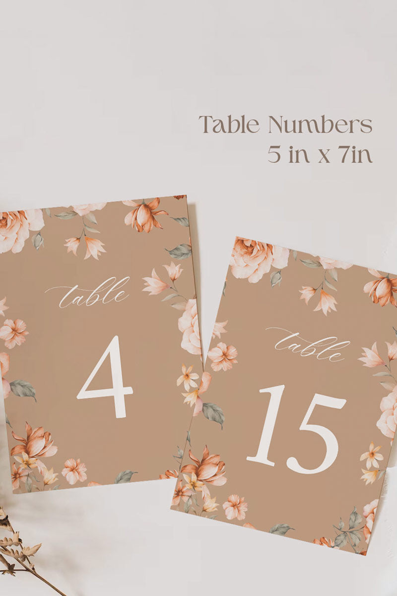 Floral Wedding Table Numbers. Event Table Numbers. Shades of Brown, orange and beige. Orange roses. Baby Shower. Indian Wedding. Birthday and Celebration. Engagement Stationery. Wedding Stationery. DIY Stationery. Digital Download. Canva. Indian Weddings. Reception. Personalize. Customize. Anand Karaj, Mehndi, Sangeet, Haldi