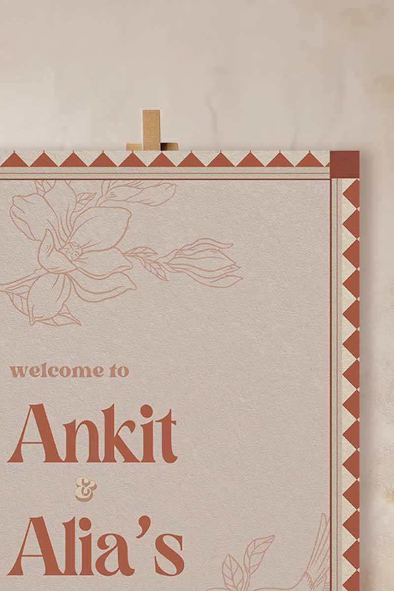 Wedding Invitations. Retro Welcome Sign. Indian Wedding Invites. Invitation set. Wedding and Event Welcome Sign. Brown, beige and burnt orange colours. Orange florals. Birthday and Celebration. Wedding Ceremony. Engagement Sign. Wedding Stationery. DIY Stationery. Digital Download. Canva. Indian Weddings. Anand Karaj. Sangeet. Chunni. Personalize. Customize.