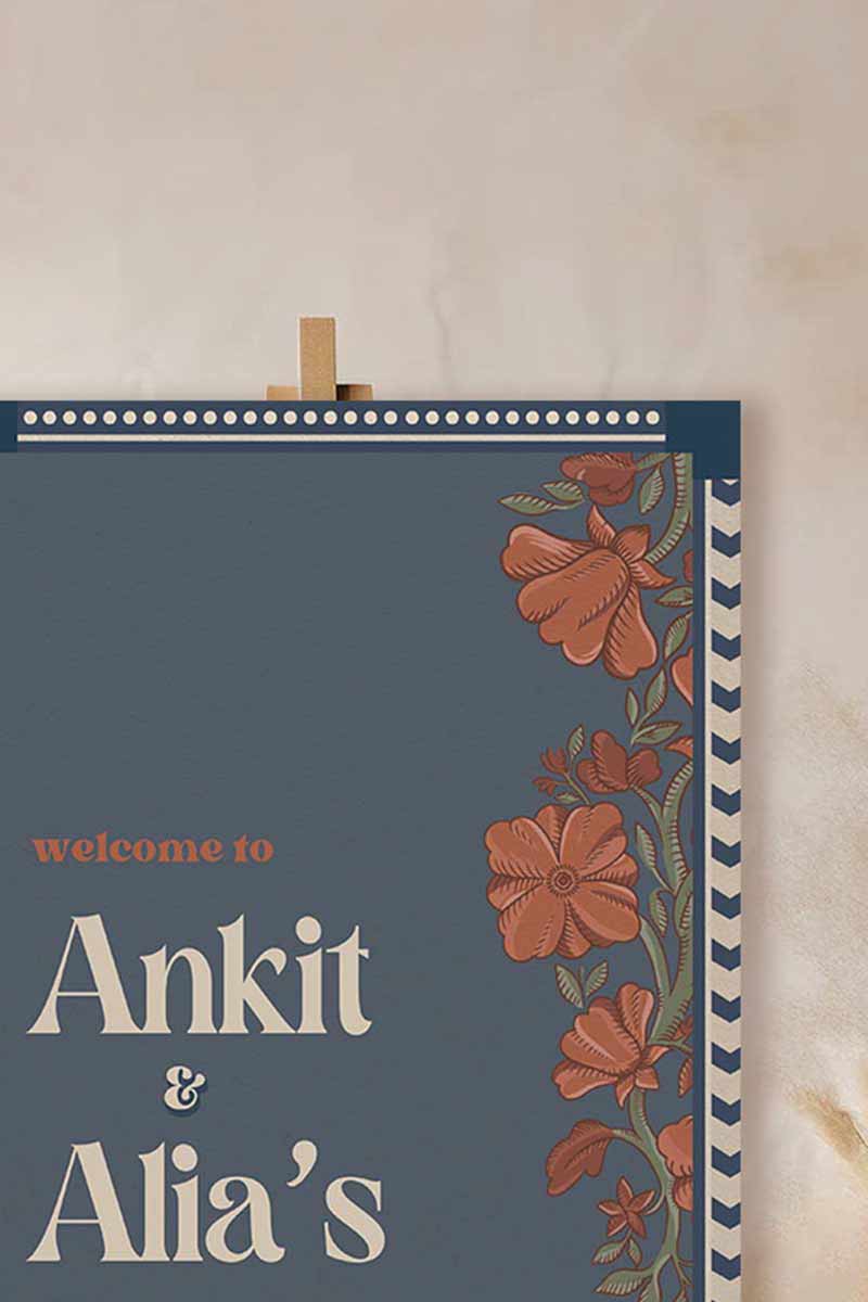 Wedding Invitations. Retro Welcome Sign. Indian Wedding Invites. Invitation set. Wedding and Event Welcome Sign. Blue and rust orange colours. Orange florals. Birthday and Celebration. Wedding Ceremony. Engagement Sign. Wedding Stationery. DIY Stationery. Digital Download. Canva. Indian Weddings. Anand Karaj. Sangeet. Chunni. 