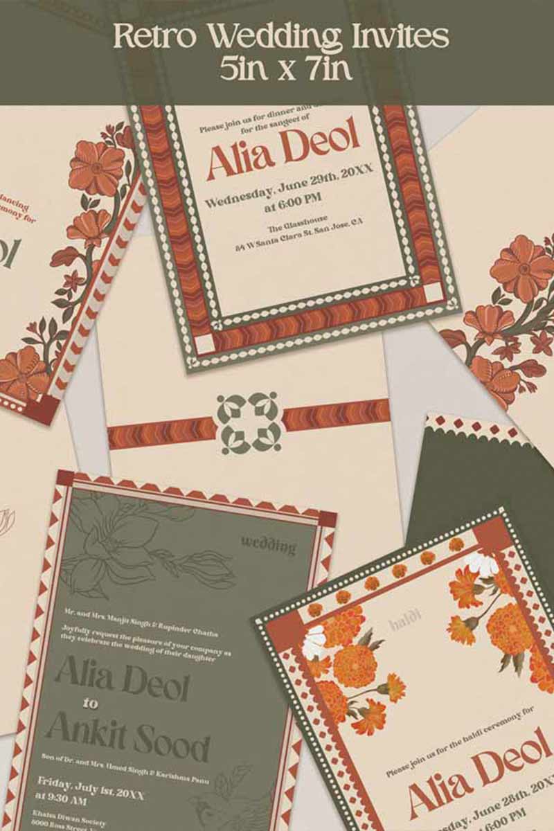 Wedding Invitations. Retro. Indian Wedding Invites. Invitation set. Wedding and Event Welcome Sign. Mehndi green and rust orange colours. Orange florals. Birthday and Celebration. Wedding Ceremony. Engagement Sign. Wedding Stationery. DIY Stationery. Digital Download. Canva. Indian Weddings. Anand Karaj. Sangeet. Chunni. 