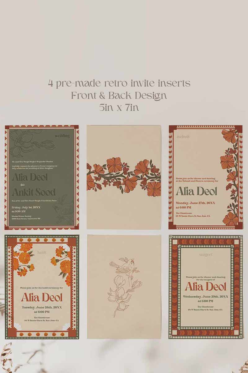 Wedding Invitations. Retro. Indian Wedding Invites. Invitation set. Wedding and Event Welcome Sign. Mehndi green and rust orange colours. Orange florals. Birthday and Celebration. Wedding Ceremony. Engagement Sign. Wedding Stationery. DIY Stationery. Digital Download. Canva. Indian Weddings. Anand Karaj. Sangeet. Chunni. 