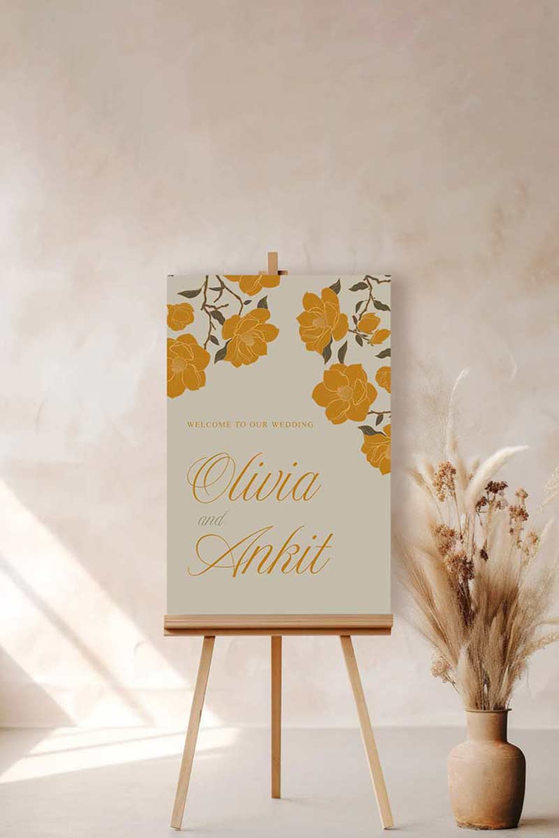 Yellow & Gold Floral Welcome Sign with a beige background. Wedding Signage. Engagement signage, Bridal Shower signage. Baby Shower Signage. Personalize and customize in Canva. Digital Download. Print around the world at a local print shop.