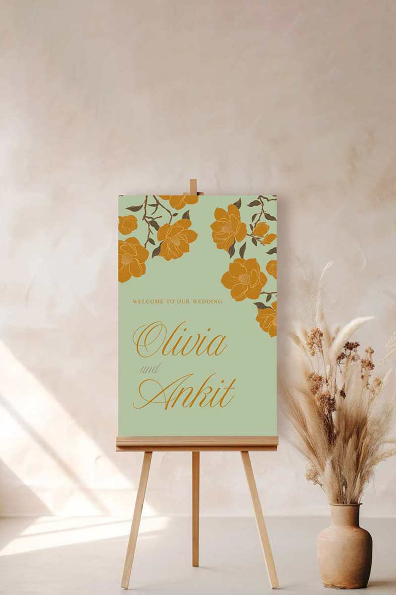 Yellow & Gold Floral Welcome Sign with a light green background. Wedding Signage. Engagement signage, Bridal Shower signage. Baby Shower Signage. Personalize and customize in Canva. Digital Download. Print around the world at a local print shop.