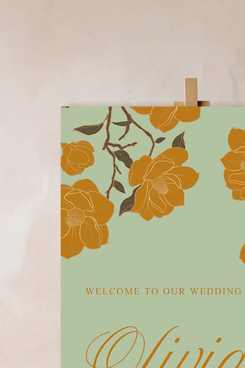 Yellow & Gold Floral Welcome Sign with a light green background. Wedding Signage. Engagement signage, Bridal Shower signage. Baby Shower Signage. Personalize and customize in Canva. Digital Download. Print around the world at a local print shop.