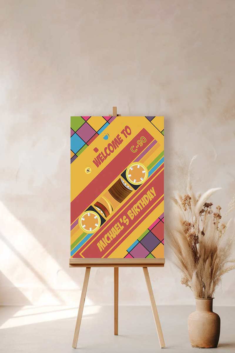 90s retro cassette tape Welcome Sign. Bold, Multi-coloured Signage. Birthday Signage. Celebration signage. Baby Shower Signage. Personalize and customize in Canva. Digital Download. Print anywhere in the World at a local printer
