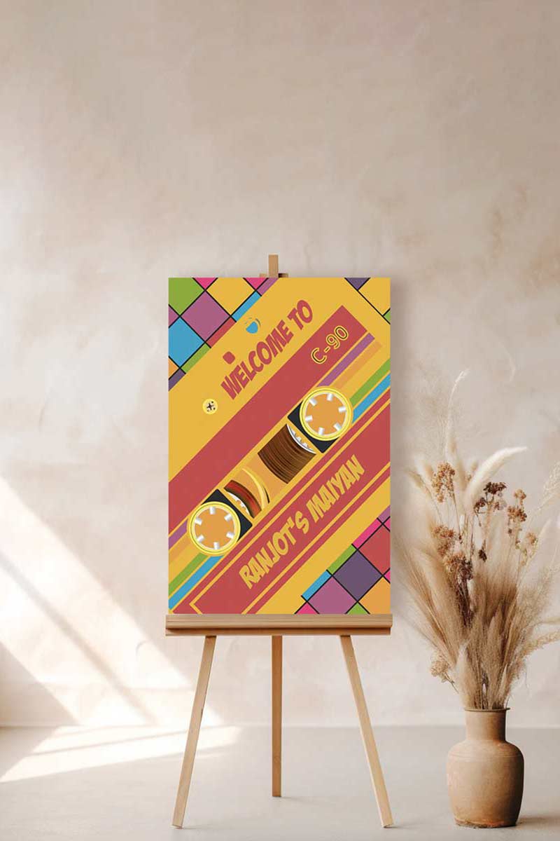 90's retro cassette tape Welcome Sign. Bold, Multi-coloured Signage. Birthday Signage. Celebration signage. Baby Shower Signage. Maiyan & Jago. Personalize and customize in Canva. Digital Download. Print anywhere in the World at a local printer