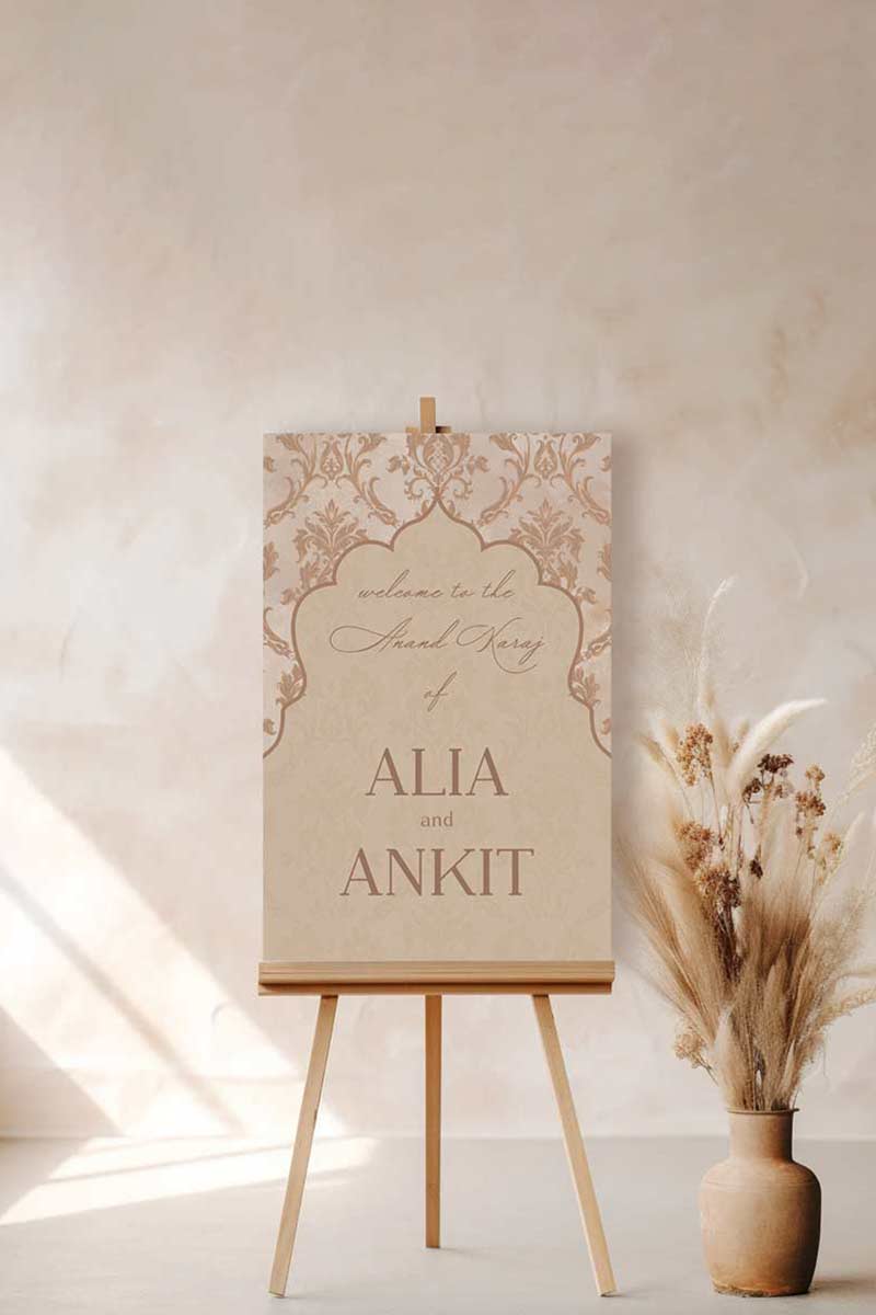 Brown Arched French Baroque Welcome Sign with shades of brown. Wedding Signage. Engagement signage, Bridal Shower signage. Indian Wedding Signage. Personalize and customize in Canva. Digital Download. Print anywhere in the World at a local printer