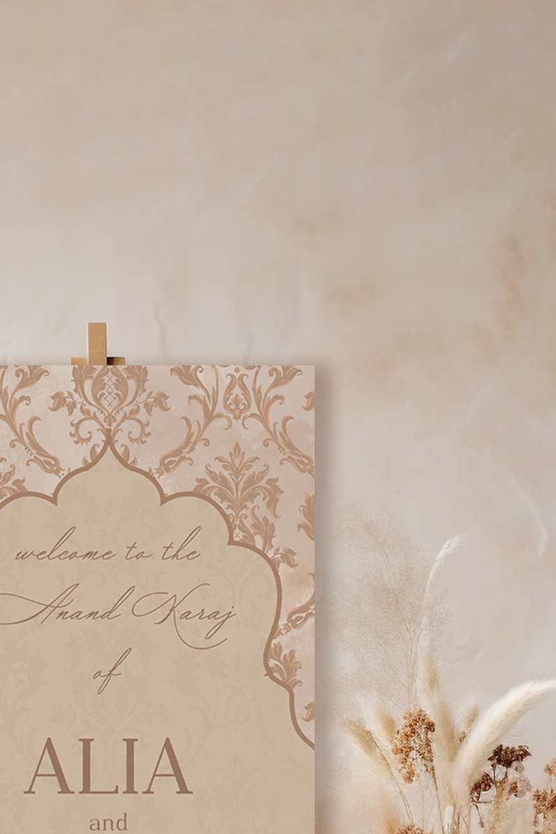 Brown Arched French Baroque Welcome Sign with shades of brown. Wedding Signage. Engagement signage, Bridal Shower signage. Indian Wedding Signage. Personalize and customize in Canva. Digital Download. Print anywhere in the World at a local printer