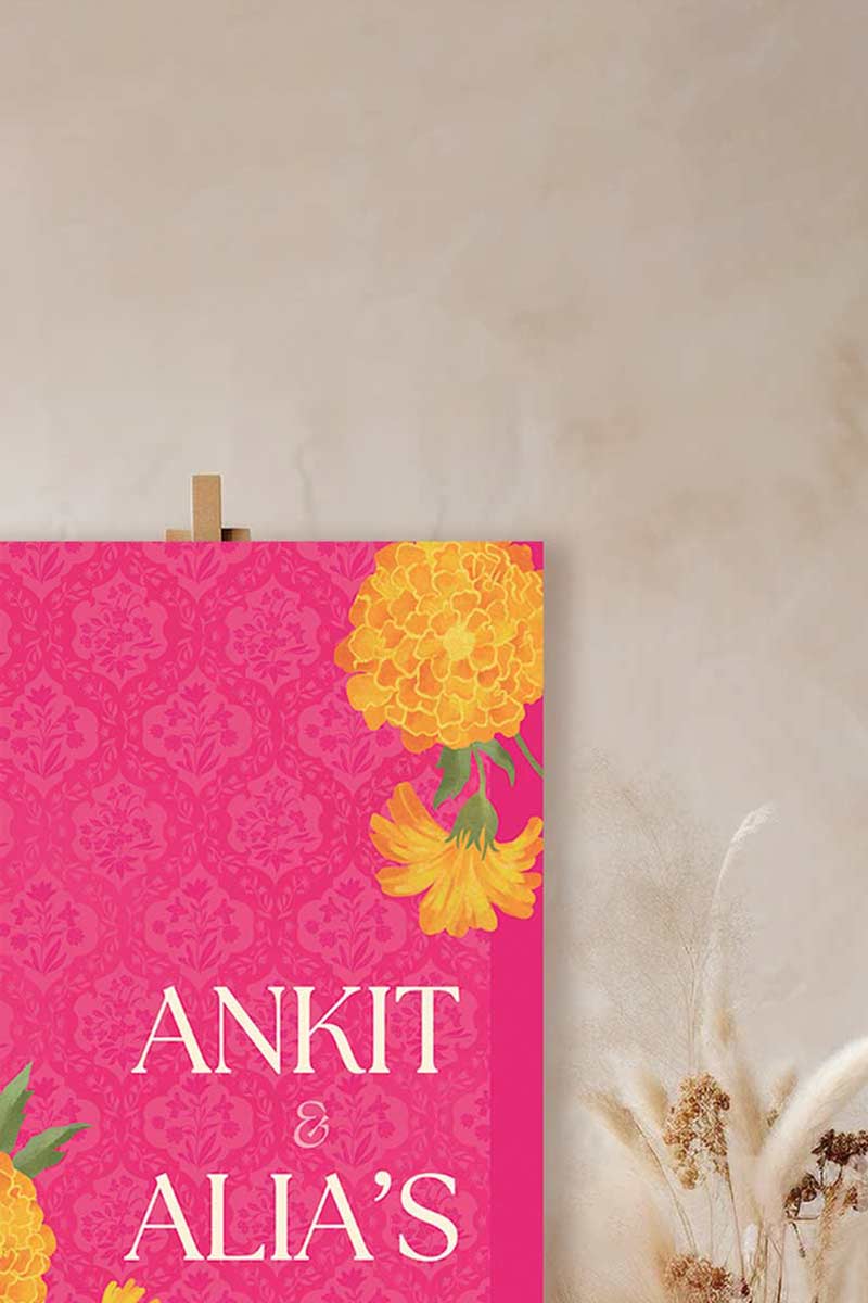 Hot pink Wedding Welcome Sign with yellow & orange marigold florals. Indian Wedding events for Sangeet, Haldi, Maiyan or Jago. Wedding Signage. Personalize and customize in Canva. Digital Download.  Print around the world at a local print shop.