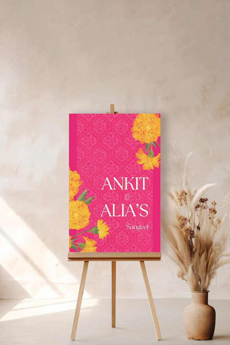 Hot pink Wedding Welcome Sign with yellow & orange marigold florals. Indian Wedding events for Sangeet, Haldi, Maiyan or Jago. Wedding Signage. Personalize and customize in Canva. Digital Download.  Print around the world at a local print shop.