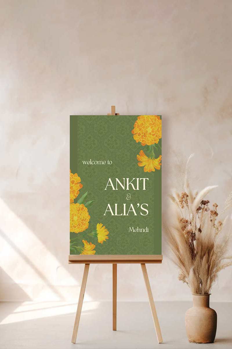 Mehndi green Wedding Welcome Sign with yellow & orange marigold florals. Indian Wedding events for Sangeet, Haldi, Maiyan or Jago. Wedding Signage. Personalize and customize in Canva. Digital Download.  Print around the world at a local print shop.