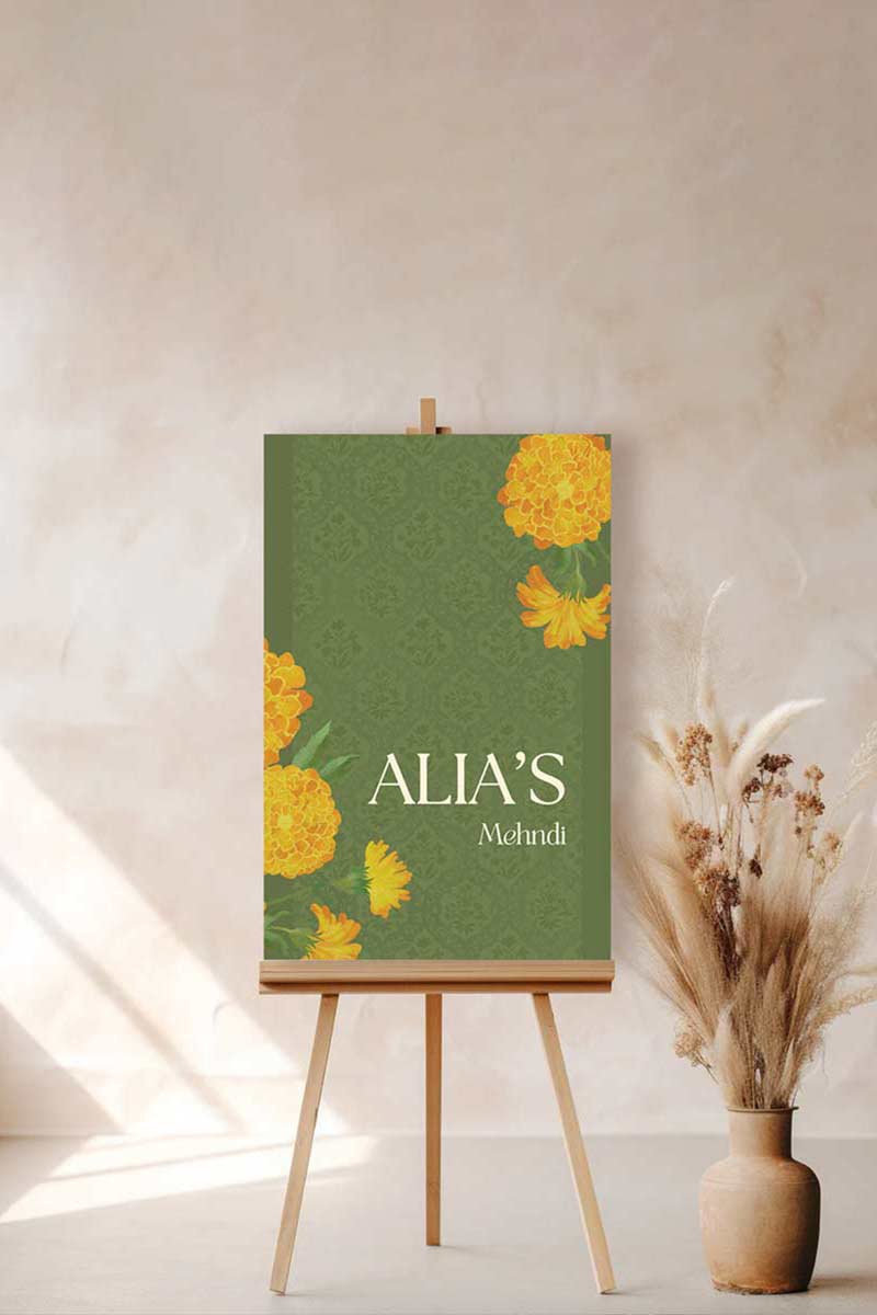 Mehndi green Wedding Welcome Sign with yellow & orange marigold florals. Indian Wedding events for Sangeet, Haldi, Maiyan or Jago. Wedding Signage. Personalize and customize in Canva. Digital Download.  Print around the world at a local print shop.