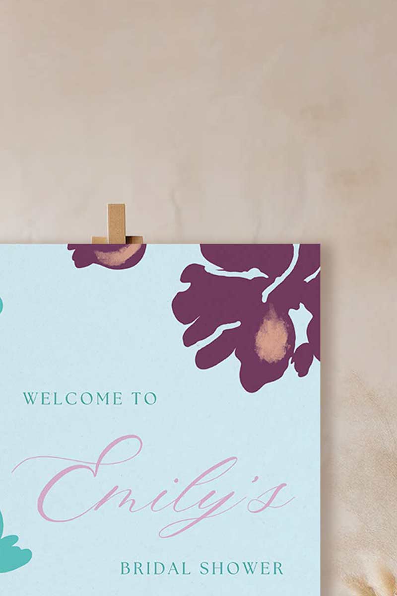 Coloured Floral Wedding Welcome Sign with purple, teal & orange florals. Bridal Shower. Indian Wedding events for Sangeet, Maiyan or Jago signage. Personalize and customize in Canva. Digital Download.  Print around the world at a local print shop.