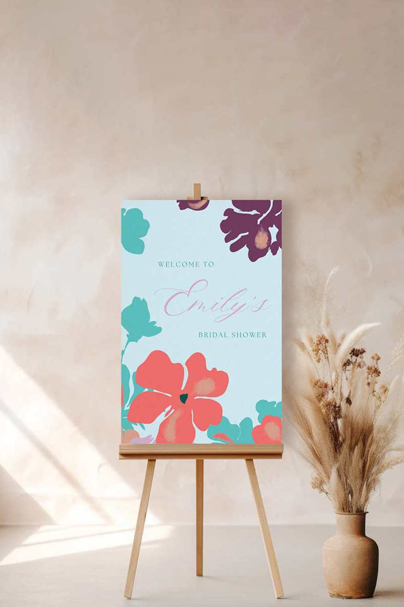 Coloured Floral Wedding Welcome Sign with purple, teal & orange florals. Bridal Shower. Indian Wedding events for Sangeet, Maiyan or Jago signage. Personalize and customize in Canva. Digital Download.  Print around the world at a local print shop.