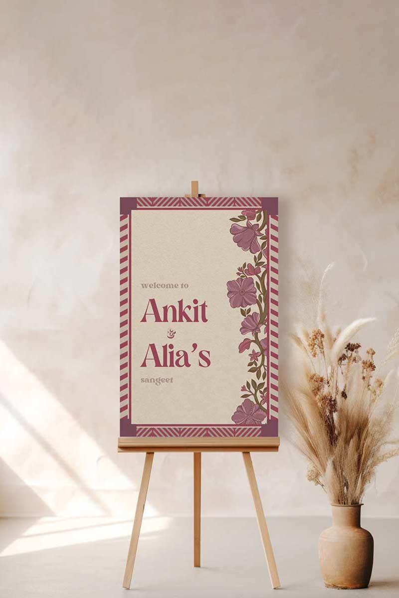 Retro Wedding Welcome Sign with florals in the shades of wine purple, pink, & beige. Indian Wedding Events like jago, sangeet, mehndi, haldi, chunni & maiyan. Personalize and customize in Canva. Print at any local printer around the World.