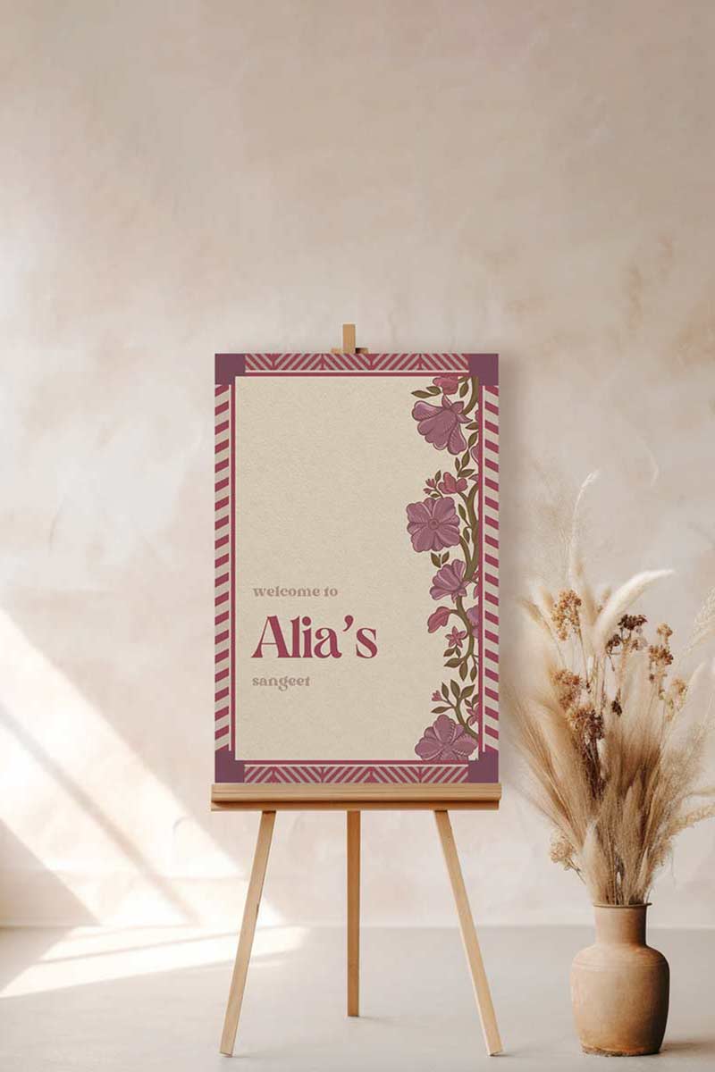 Retro Wedding Welcome Sign with florals in the shades of wine purple, pink, & beige. Indian Wedding Events like jago, sangeet, mehndi, haldi, chunni & maiyan. Personalize and customize in Canva. Print at any local printer around the World.