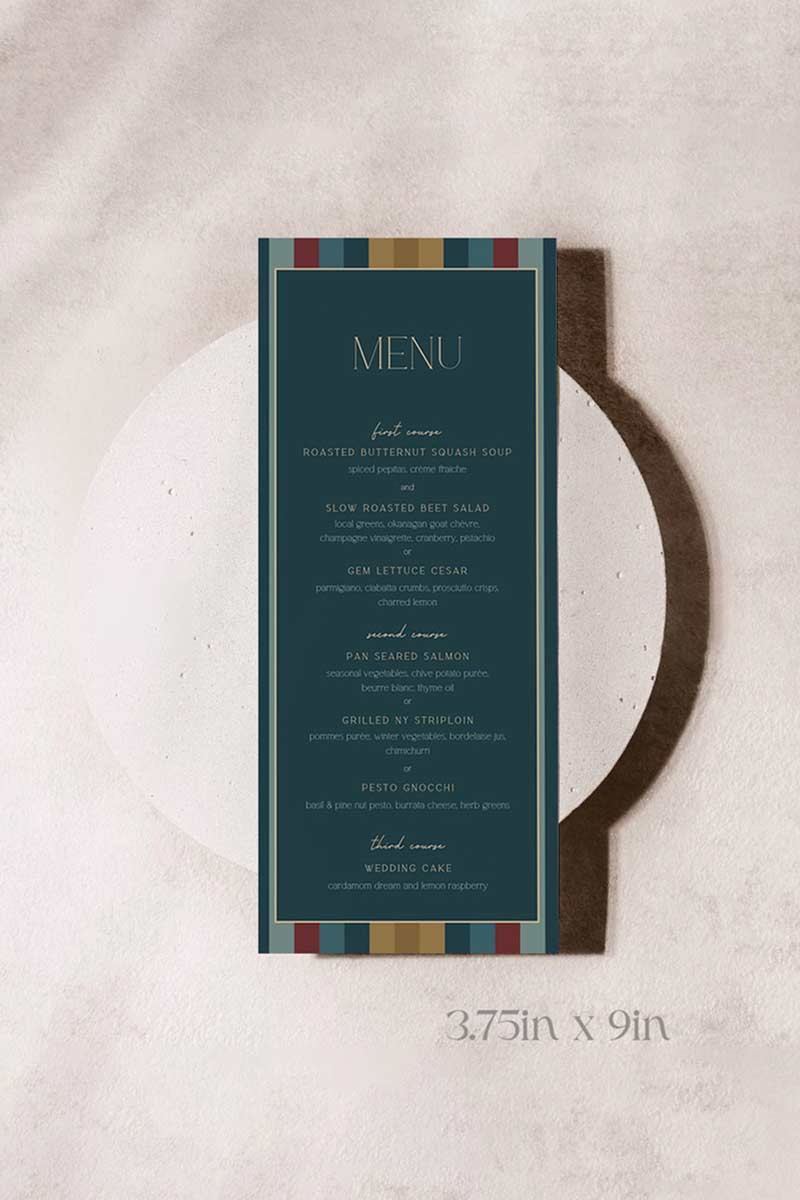 Modern Wedding Menu with stripes in the shades of blue, red, yellow & gold. Sabyasachi. Indian Wedding Events like engagement, reception, jago, sangeet, mehndi & maiyan. Personalize and customize in Canva. Print at any local printer around the World.
