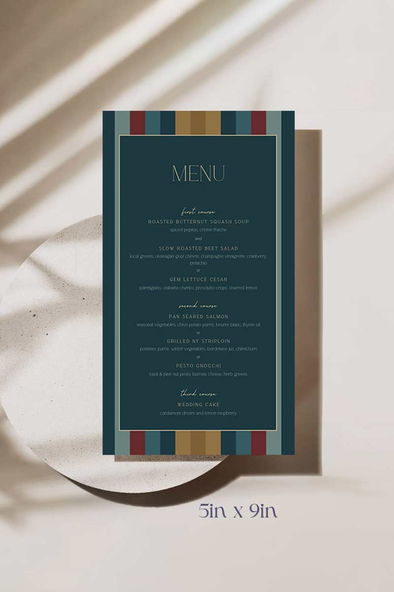 Modern Wedding Menu with stripes in the shades of blue, red, yellow & gold. Sabyasachi. Indian Wedding Events like engagement, reception, jago, sangeet, mehndi & maiyan. Personalize and customize in Canva. Print at any local printer around the World.