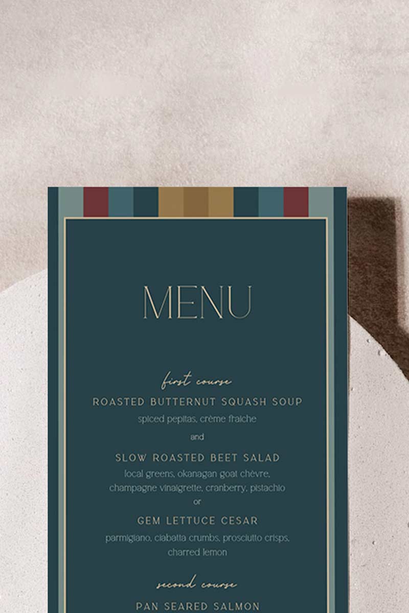 Modern Wedding Menu with stripes in the shades of blue, red, yellow & gold. Sabyasachi. Indian Wedding Events like engagement, reception, jago, sangeet, mehndi & maiyan. Personalize and customize in Canva. Print at any local printer around the World.