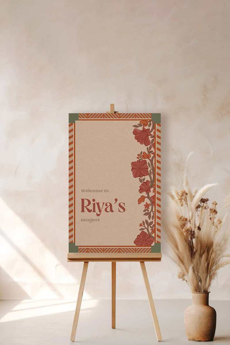 Retro Wedding Welcome Sign with florals in the shades of orange, rust, green, & beige. Indian Wedding Events like jago, sangeet, mehndi, haldi, chunni & maiyan. Personalize and customize in Canva. Print at any local printer around the World.