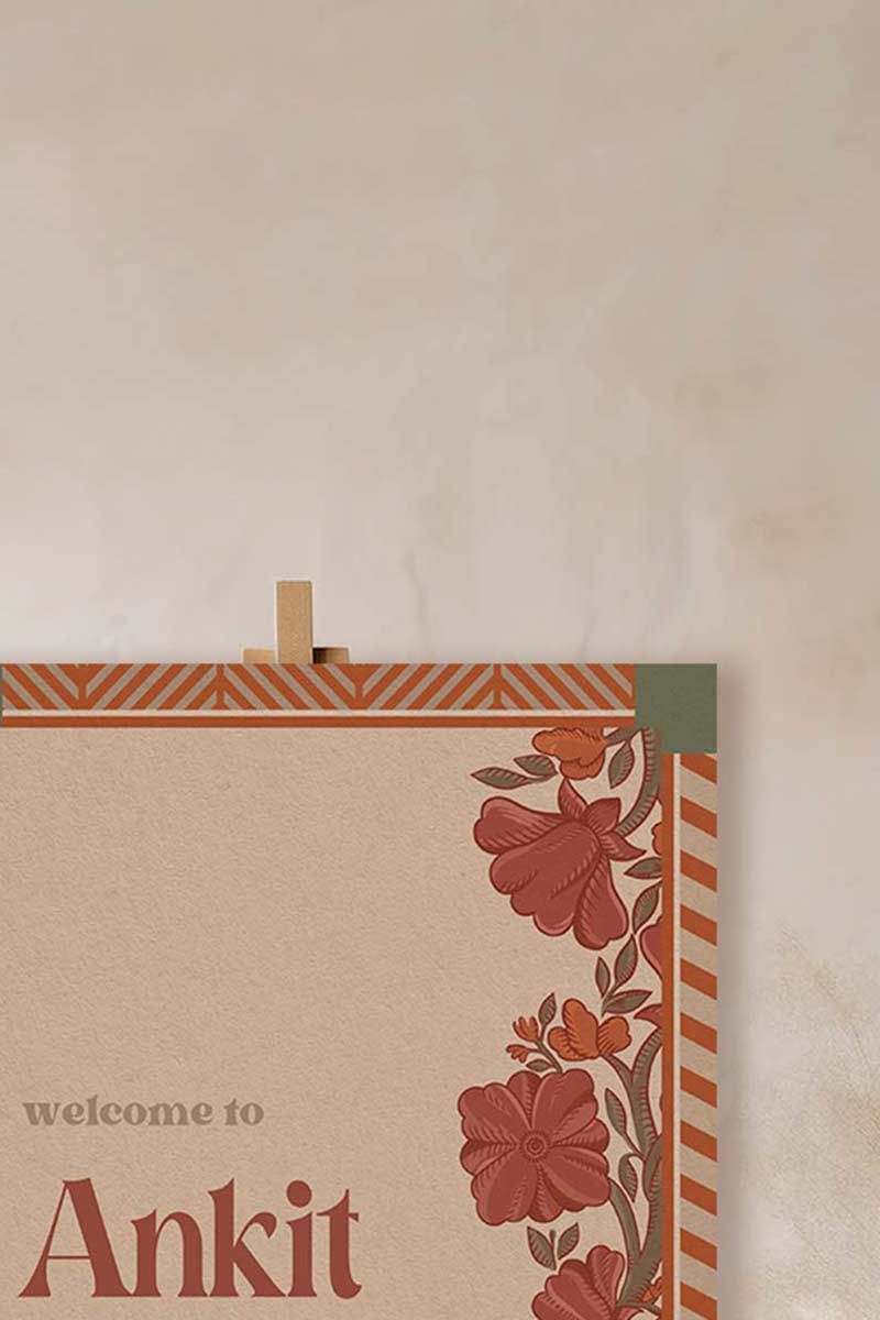 Retro Wedding Welcome Sign with florals in the shades of orange, rust, green, & beige. Indian Wedding Events like jago, sangeet, mehndi, haldi, chunni & maiyan. Personalize and customize in Canva. Print at any local printer around the World.