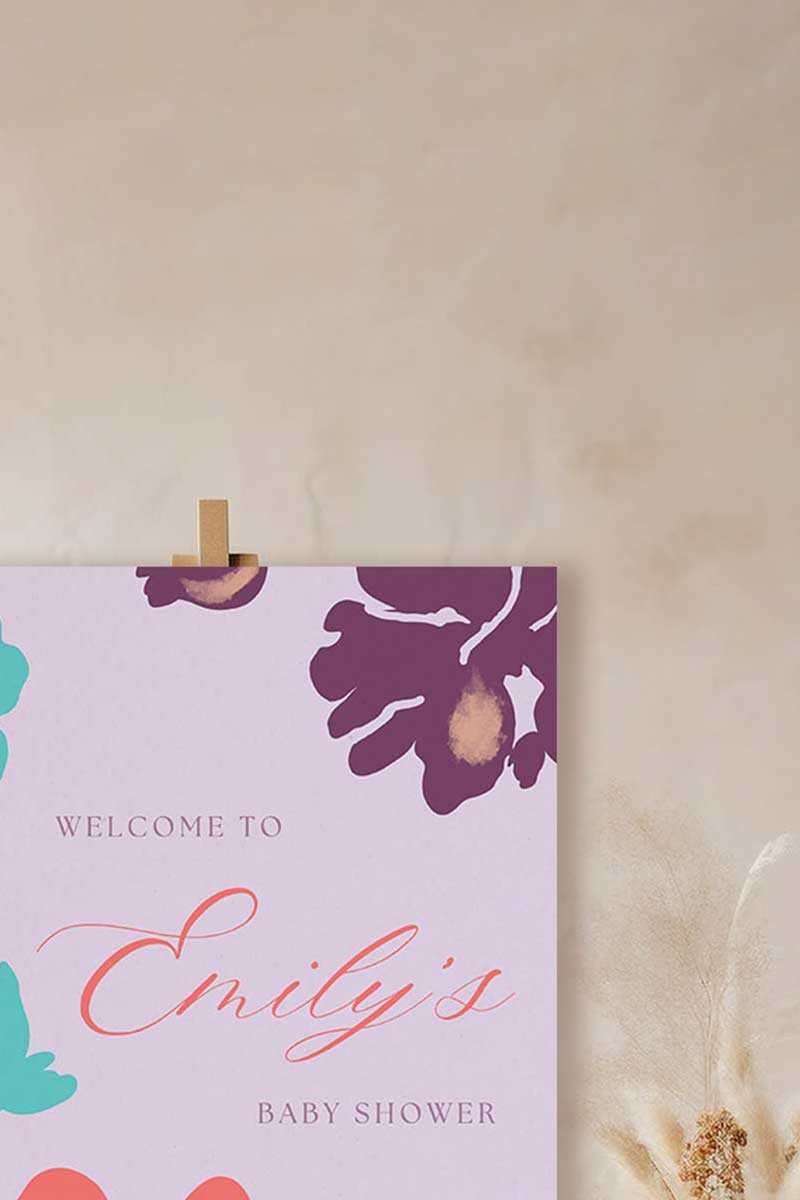 Coloured Floral Wedding Welcome Sign with purple, purple & orange florals. Bridal Shower. Indian Wedding events for Sangeet, baby shower signage. Personalize and customize in Canva. Digital Download.  Print around the world at a local print shop.