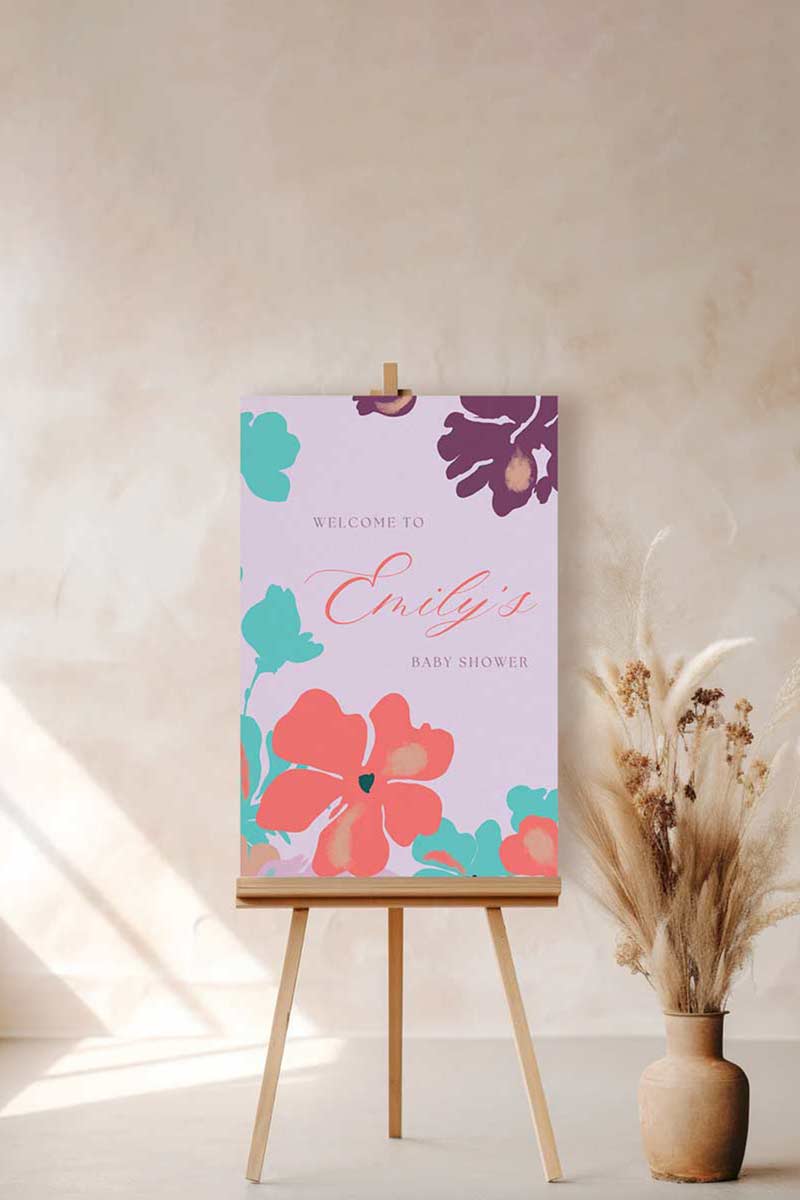 Coloured Floral Wedding Welcome Sign with purple, purple & orange florals. Bridal Shower. Indian Wedding events for Sangeet, Maiyan or Jago signage. Personalize and customize in Canva. Digital Download.  Print around the world at a local print shop.