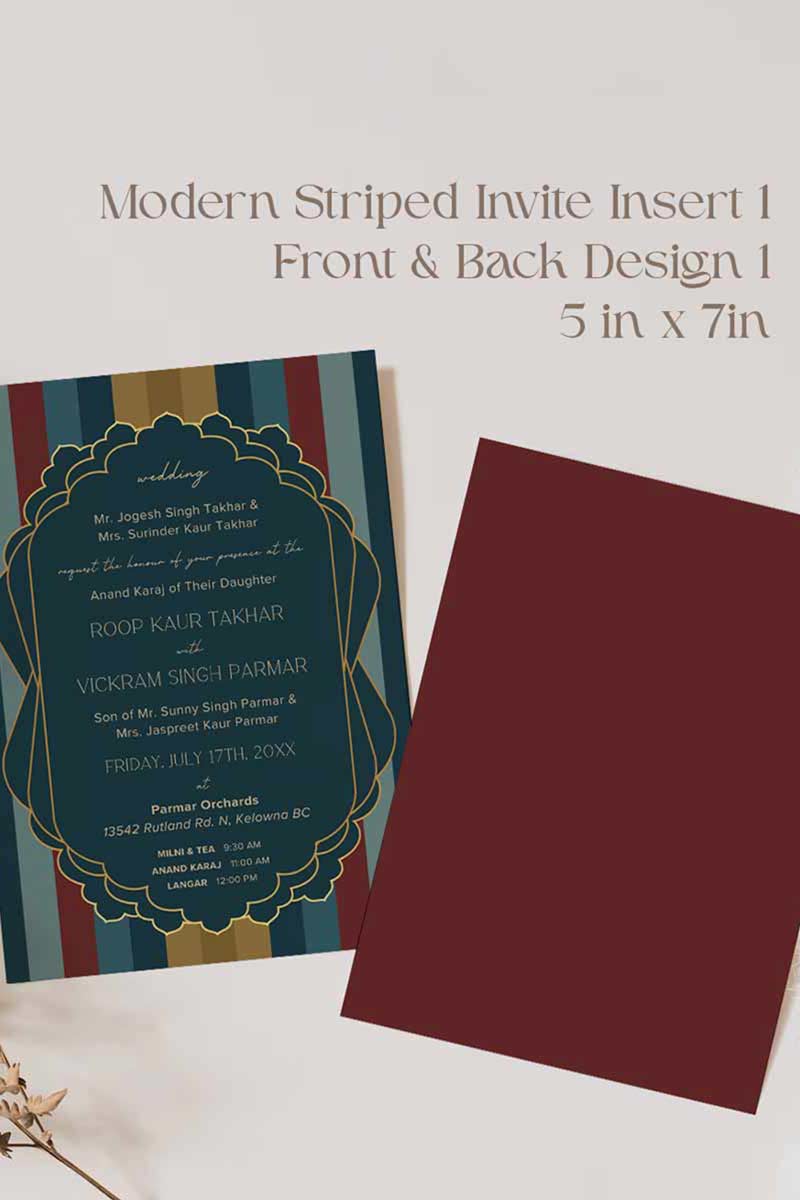 Modern Striped Wedding Invitation Set in the shades of navy blue, red, yellow, and gold. Sabyasachi inspired. Indian Wedding Invitation Set. Engagement Invite. Personalize and customize in Canva. Print at any local printer around the World.