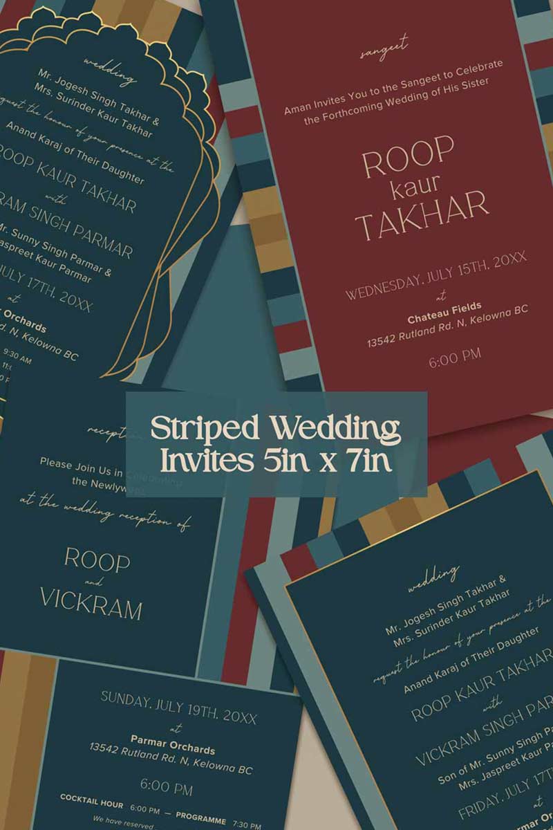 Modern Striped Wedding Invitation Set in the shades of navy blue, red, yellow, and gold. Sabyasachi inspired. Indian Wedding Invitation Set. Engagement Invite. Personalize and customize in Canva. Print at any local printer around the World.
