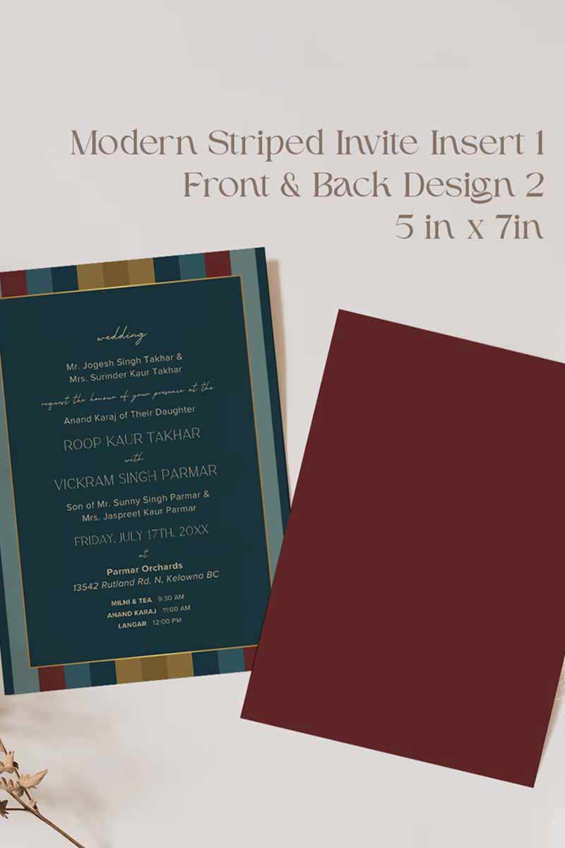 Modern Striped Wedding Invitation Set in the shades of navy blue, red, yellow, and gold. Sabyasachi inspired. Indian Wedding Invitation Set. Engagement Invite. Personalize and customize in Canva. Print at any local printer around the World.