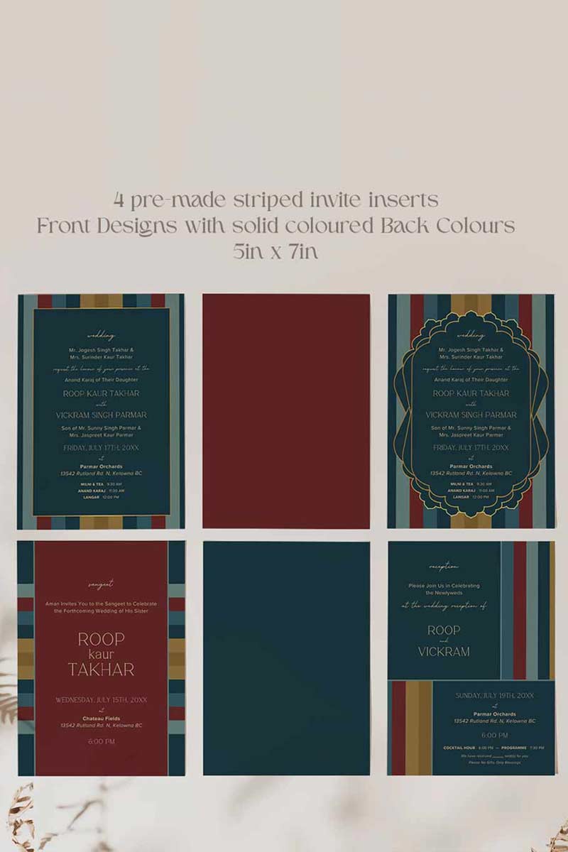 Modern Striped Wedding Invitation Set in the shades of navy blue, red, yellow, and gold. Sabyasachi inspired. Indian Wedding Invitation Set. Engagement Invite. Personalize and customize in Canva. Print at any local printer around the World.