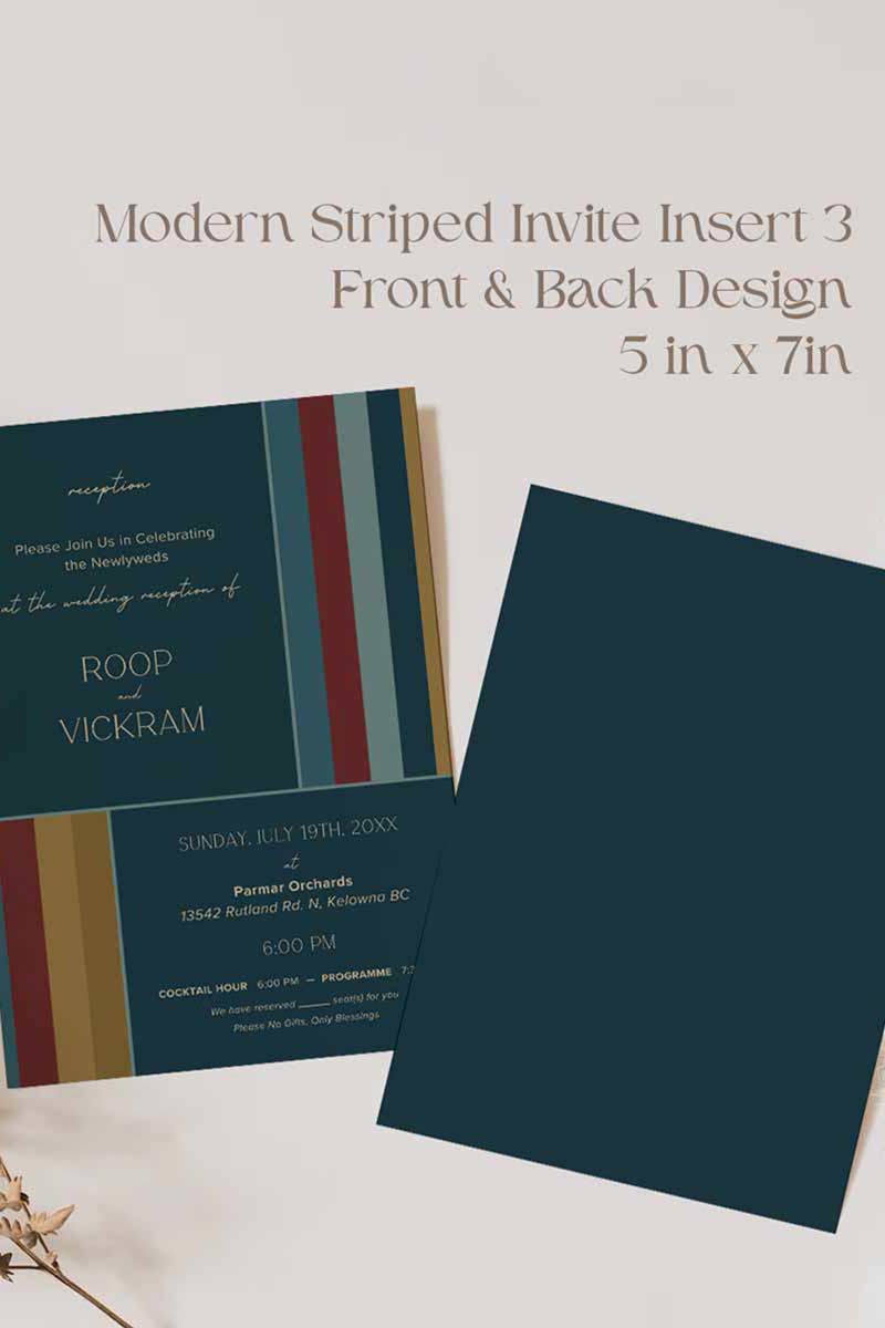 Modern Striped Wedding Invitation Set in the shades of navy blue, red, yellow, and gold. Sabyasachi inspired. Indian Wedding Invitation Set. Engagement Invite. Personalize and customize in Canva. Print at any local printer around the World.