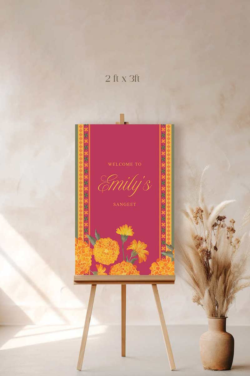 Wedding Welcome Sign with marigold florals in the shades of yellow, orange & green phulkari. Indian Wedding Events like jago, sangeet, mehndi, haldi, chunni & maiyan. Personalize and customize in Canva. Print at any local printer around the World.