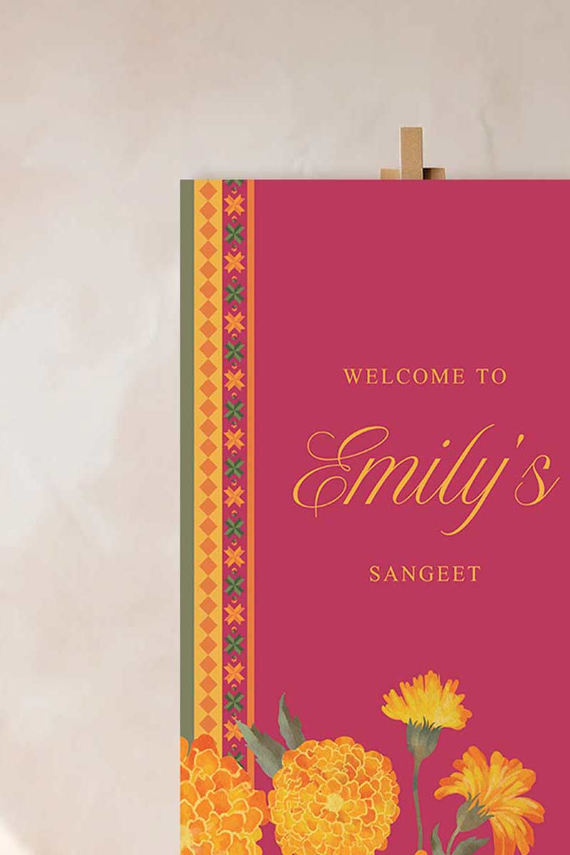 Wedding Welcome Sign with marigold florals in the shades of yellow, orange & green phulkari. Indian Wedding Events like jago, sangeet, mehndi, haldi, chunni & maiyan. Personalize and customize in Canva. Print at any local printer around the World.