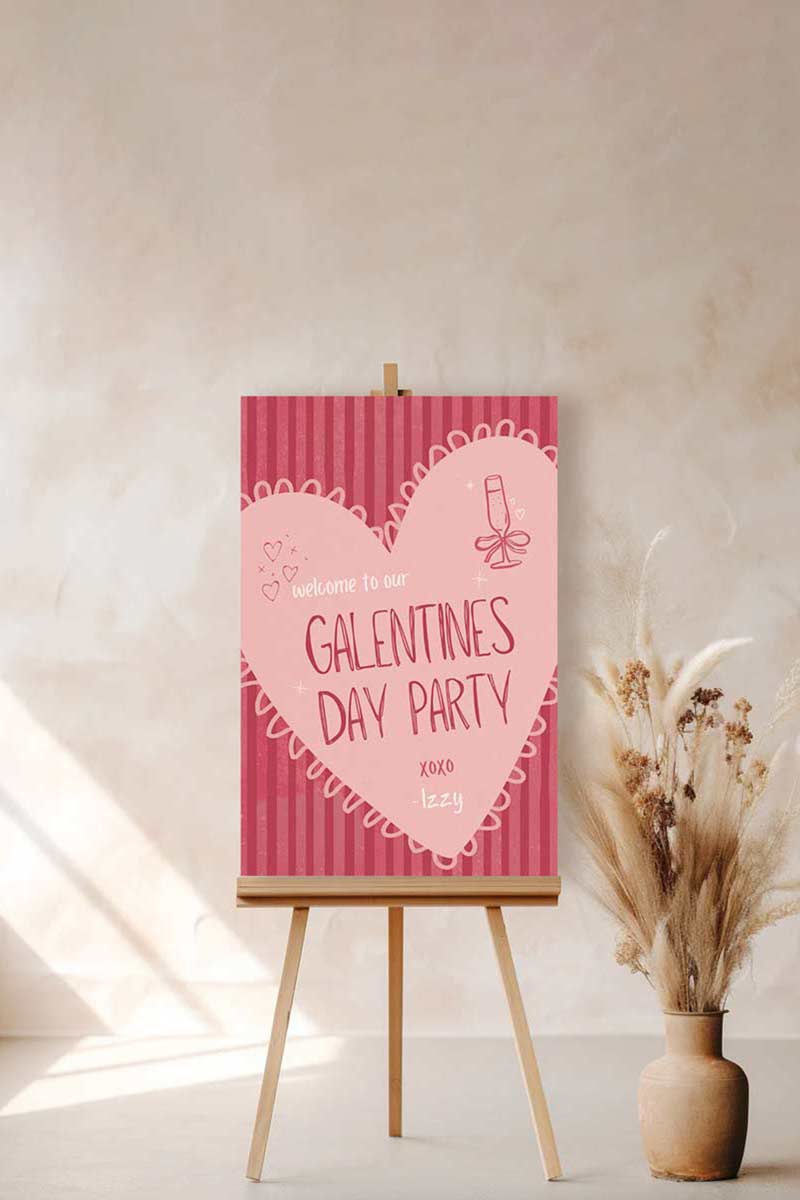 Red Heart Welcome Sign. Celebrations events for Galentines, Valentines, Girls Night, Stag or Bridal Shower. Signage. Pretty in Pink. Personalize and customize in Canva. Digital Download.  Print around the world at a local print shop.