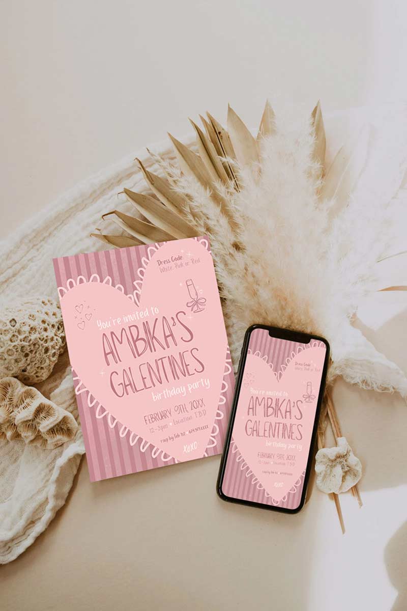 Pink/Mauve Heart Invite. Celebrations events for Galentines, Valentines, Girls Night, Stag or Bridal Shower. Signage. Pretty in Pink. Digital Invite. Personalize and customize in Canva. Digital Download.  Print around the world at a local print shop.