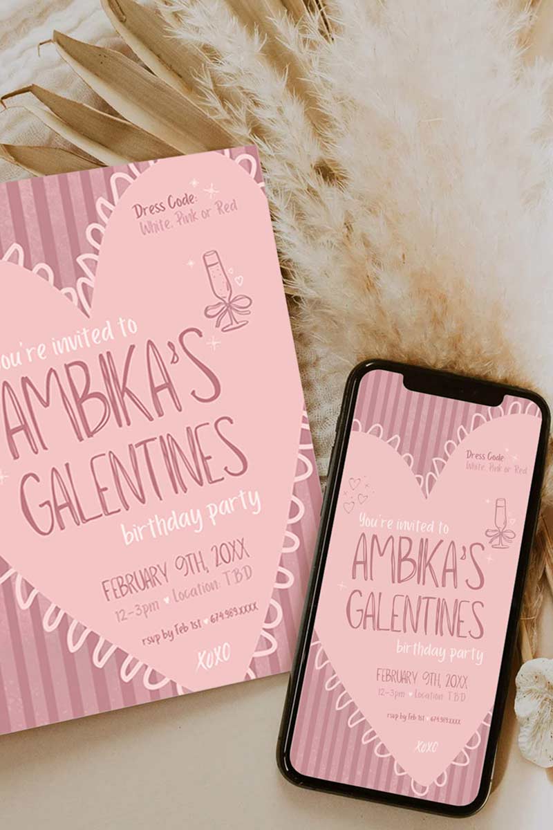 Pink/Mauve Heart Invite. Celebrations events for Galentines, Valentines, Girls Night, Stag or Bridal Shower. Signage. Pretty in Pink. Digital Invite. Personalize and customize in Canva. Digital Download.  Print around the world at a local print shop.
