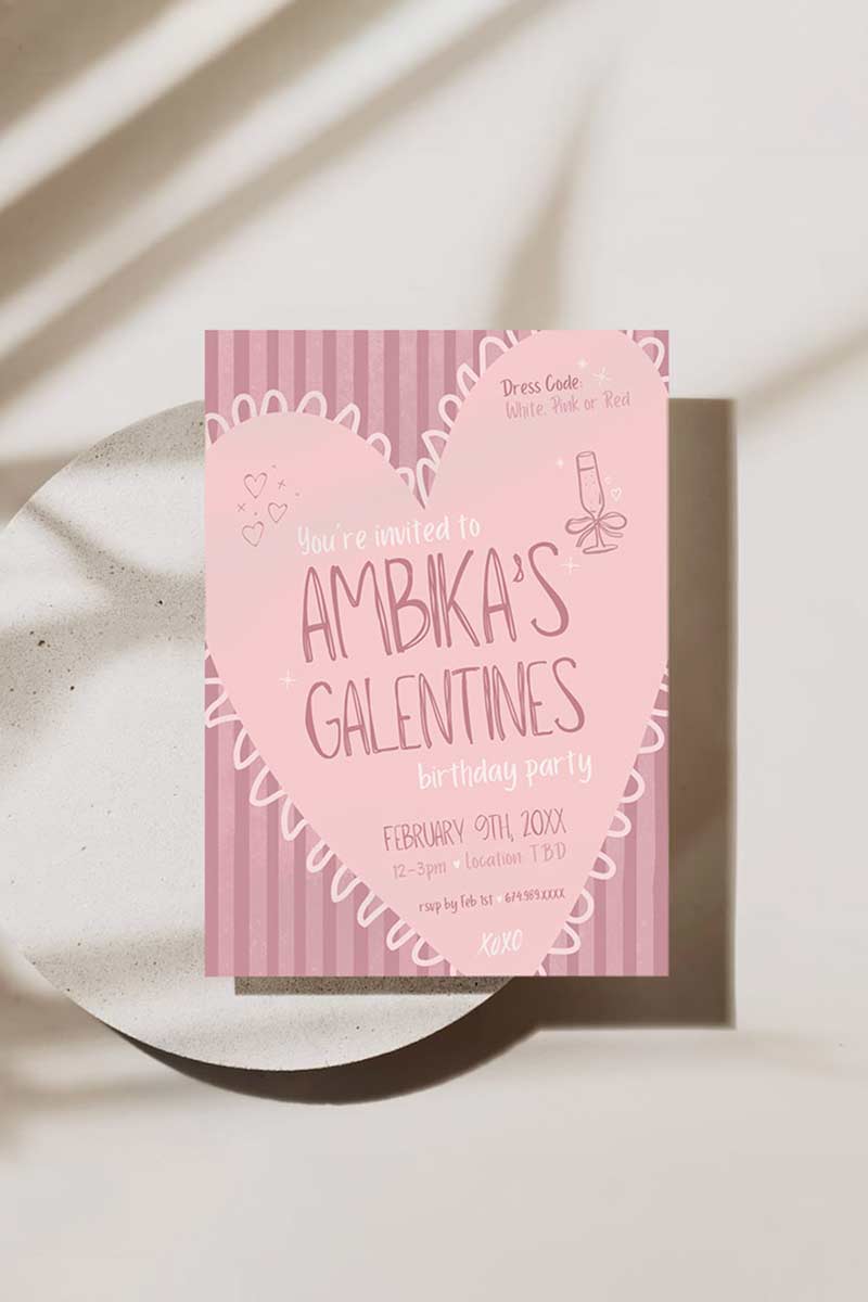 Pink/Mauve Heart Invite. Celebrations events for Galentines, Valentines, Girls Night, Stag or Bridal Shower. Signage. Pretty in Pink. Digital Invite. Personalize and customize in Canva. Digital Download.  Print around the world at a local print shop.
