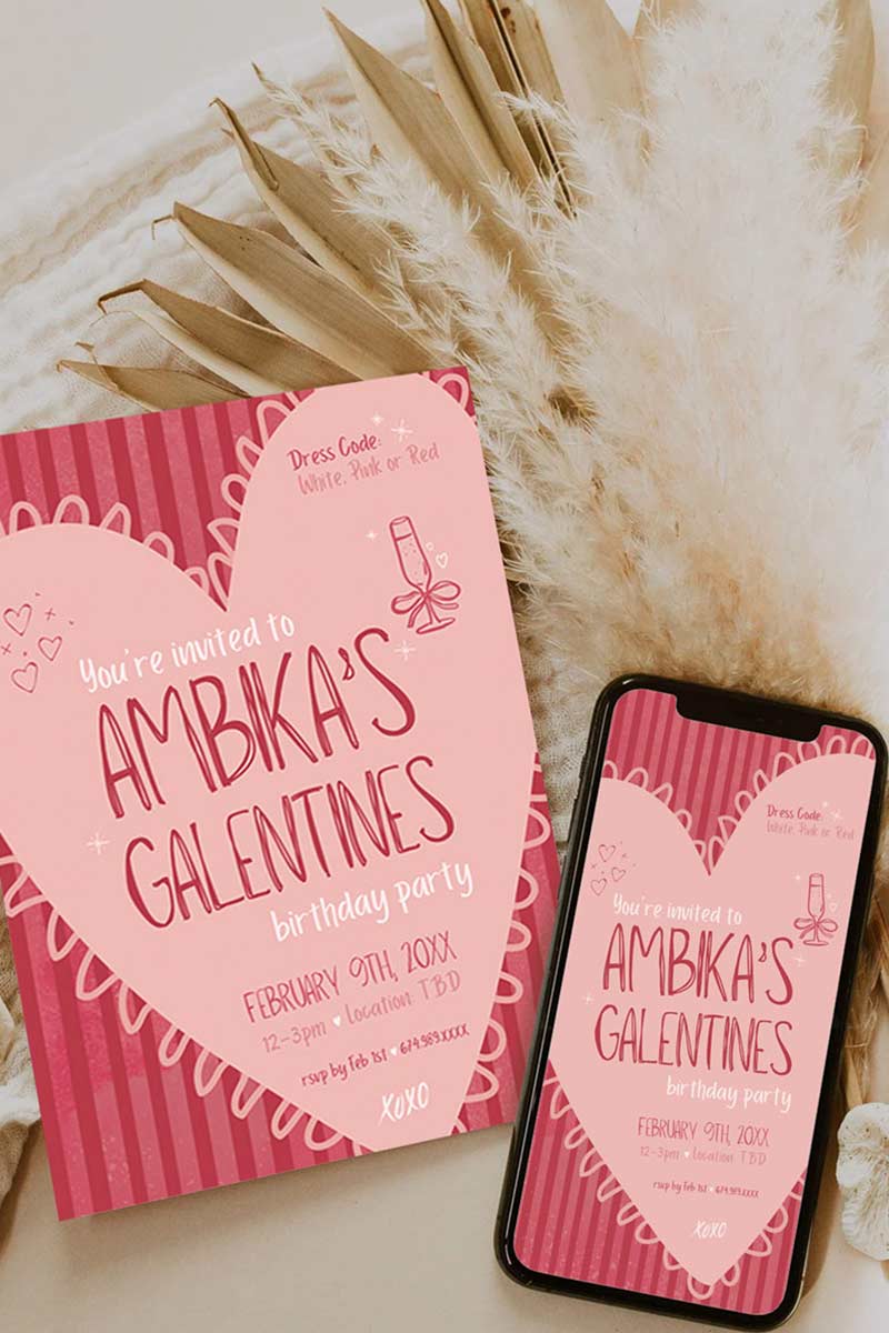Pink/Mauve Heart Invite. Celebrations events for Galentines, Valentines, Girls Night, Stag or Bridal Shower. Signage. Pretty in Red. Digital Invite. Personalize and customize in Canva. Digital Download.  Print around the world at a local print shop.