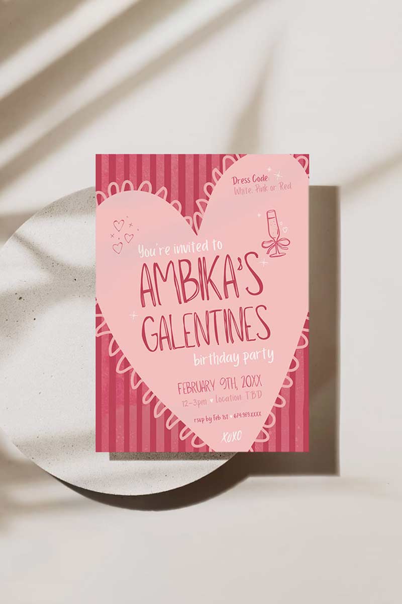 Pink/Mauve Heart Invite. Celebrations events for Galentines, Valentines, Girls Night, Stag or Bridal Shower. Signage. Pretty in Red. Digital Invite. Personalize and customize in Canva. Digital Download.  Print around the world at a local print shop.