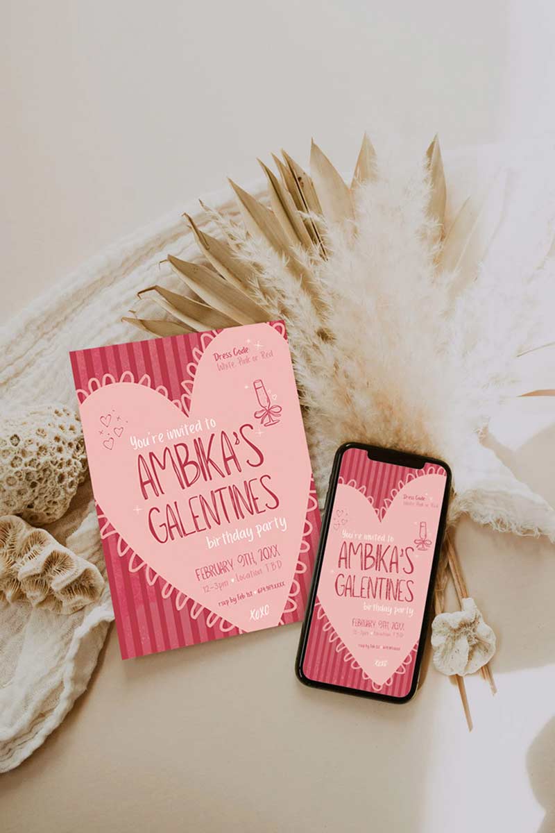 Pink/Mauve Heart Invite. Celebrations events for Galentines, Valentines, Girls Night, Stag or Bridal Shower. Signage. Pretty in Red. Digital Invite. Personalize and customize in Canva. Digital Download.  Print around the world at a local print shop.