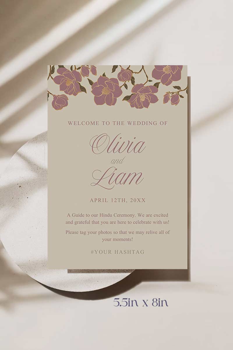 Mauve & Gold Floral Wedding program card with a beige background. Wedding steps. Bridal Shower stationery. Baby Shower Signage. Personalize and customize in Canva. Digital Download. Print anywhere in the World at your local printer