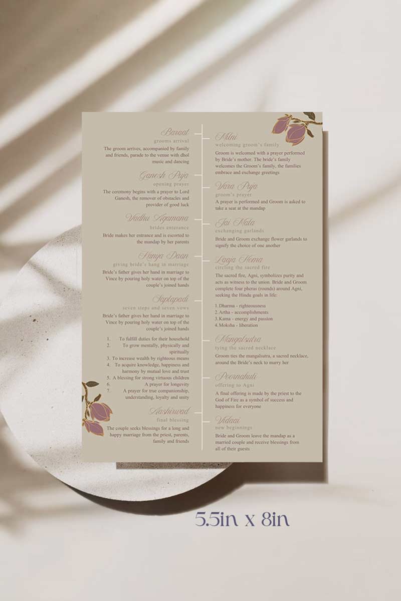Mauve & Gold Floral Wedding program card with a beige background. Wedding steps. Bridal Shower stationery. Baby Shower Signage. Personalize and customize in Canva. Digital Download. Print anywhere in the World at your local printer